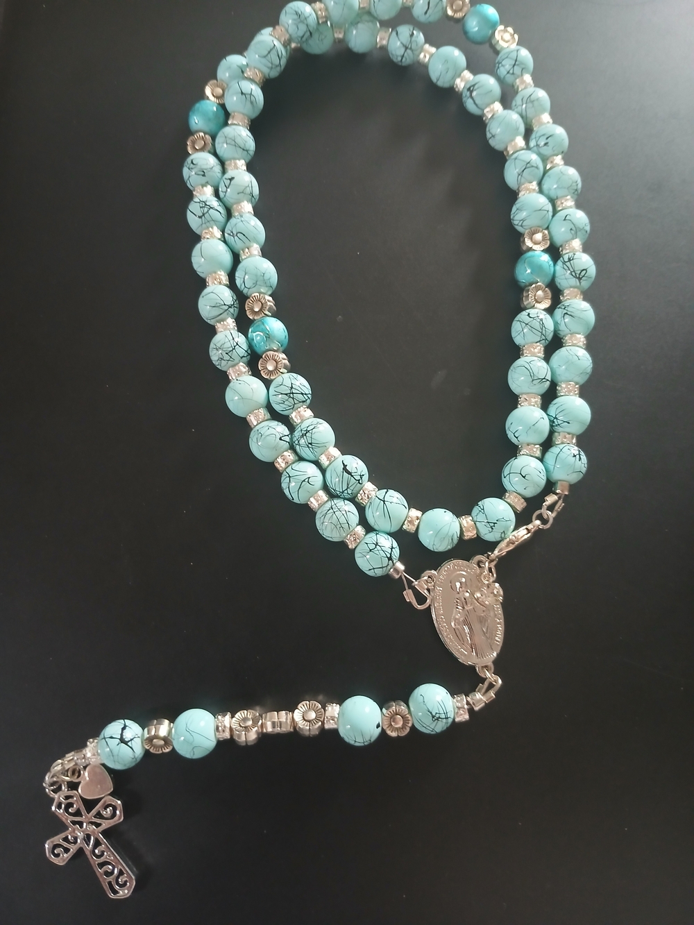 Turquoise Bead Rosary Necklace with Silver Accents